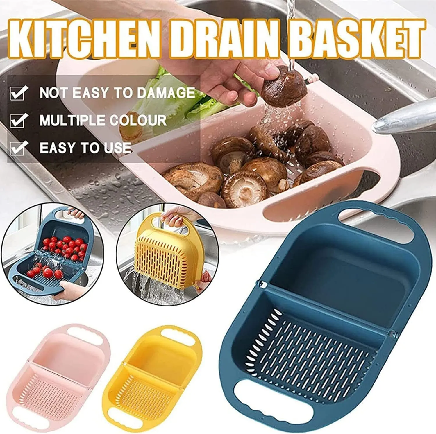 Upgraded Version Foldable Sink Colander Strainer Basket,Handbag Shape Sink Strainer Basket,Multifunction Hanging Colander Fruits and Vegetables Drain Basket for Kitchen (Blue Grey)