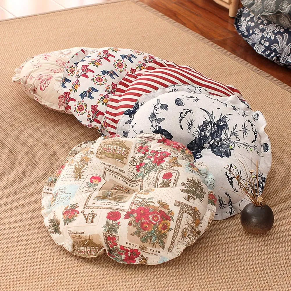 vctops Boho Soft Round Floor Pillow Cushion with Ruffles, Cotton Linen Print Chair Pad Tatami for Meditation, Yoga, Living Room, Balcony (Blue,18"x18"x5")