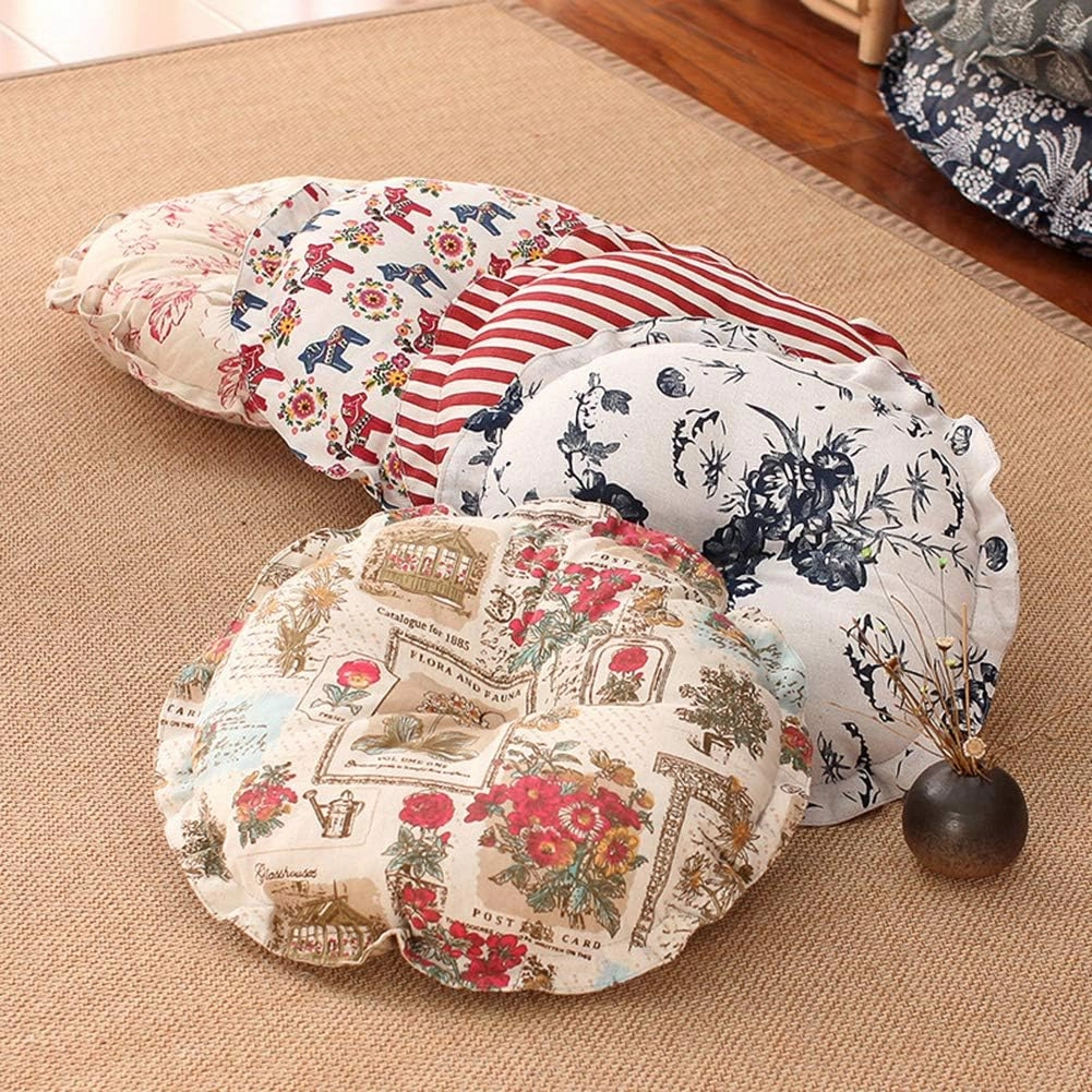 vctops Boho Soft Round Floor Pillow Cushion with Ruffles, Cotton Linen Print Chair Pad Tatami for Meditation, Yoga, Living Room, Balcony (Red Tulip,18"x18"x5")