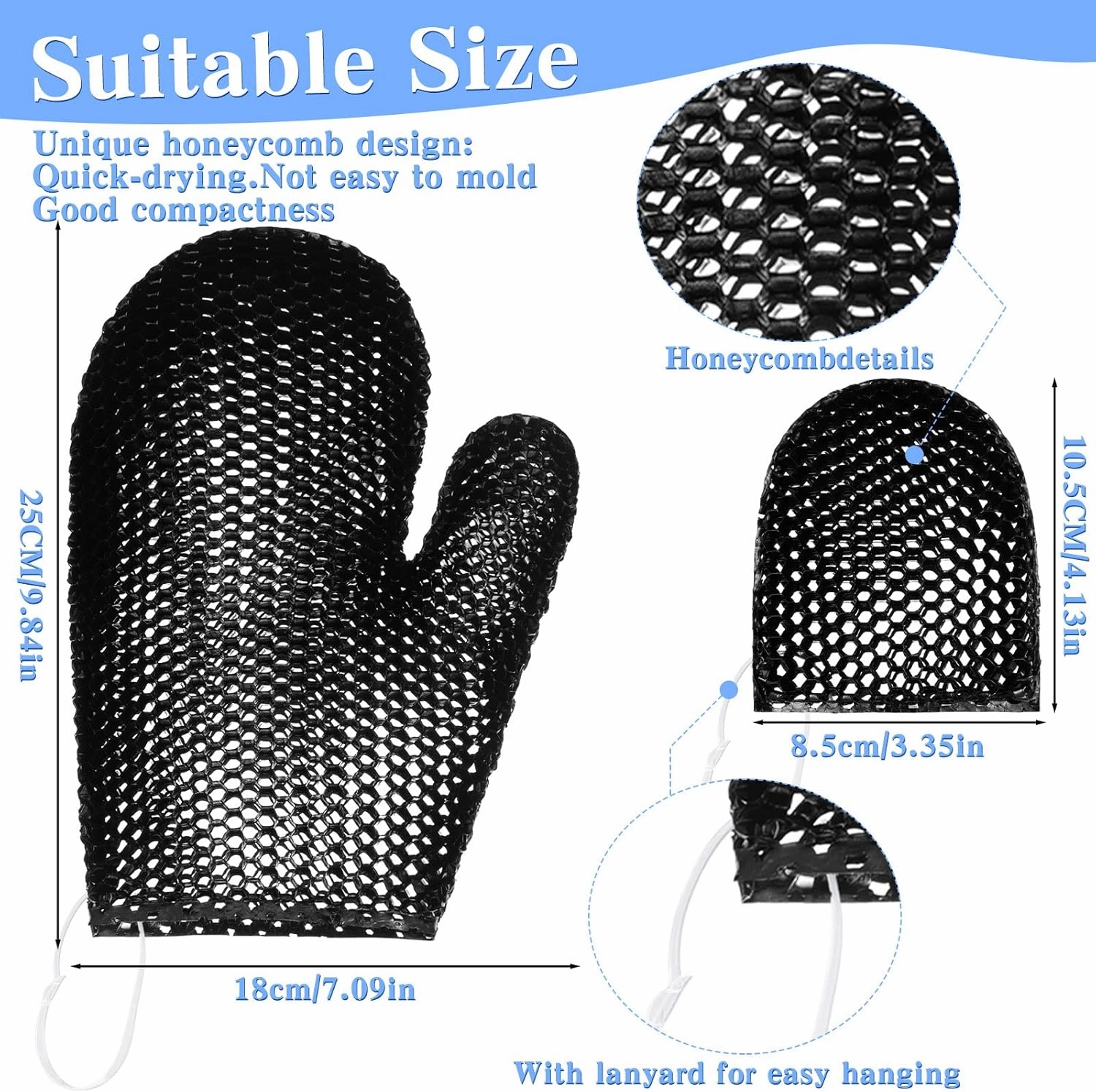Vesici 2 Pcs Honeycomb Exfoliating Glove Set Exfoliating Bath Mitt Honeycomb Face and Body Scrubber Shower Mitt Sponges for Cleaning Body Shower Face Skin Beauty Spa(Black)