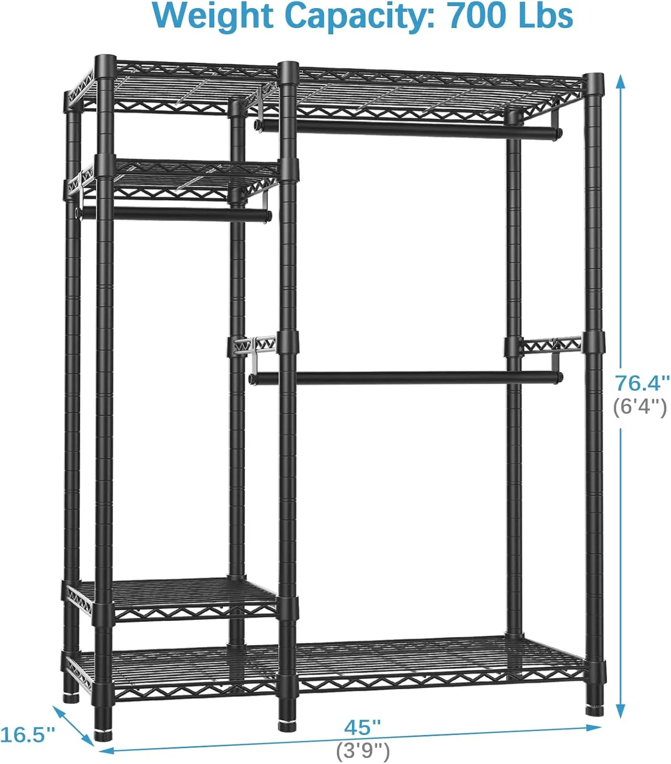 VIPEK V2 Clothes Rack for Hanging Clothes, Heavy Duty Closet Rack with 4 Tiers Wire Shelving & 3 Hanging Rods, Free Standing Closet Wardrobe, 45" Lx16.5 Wx76.4 H, Max Load 700LBS, Black