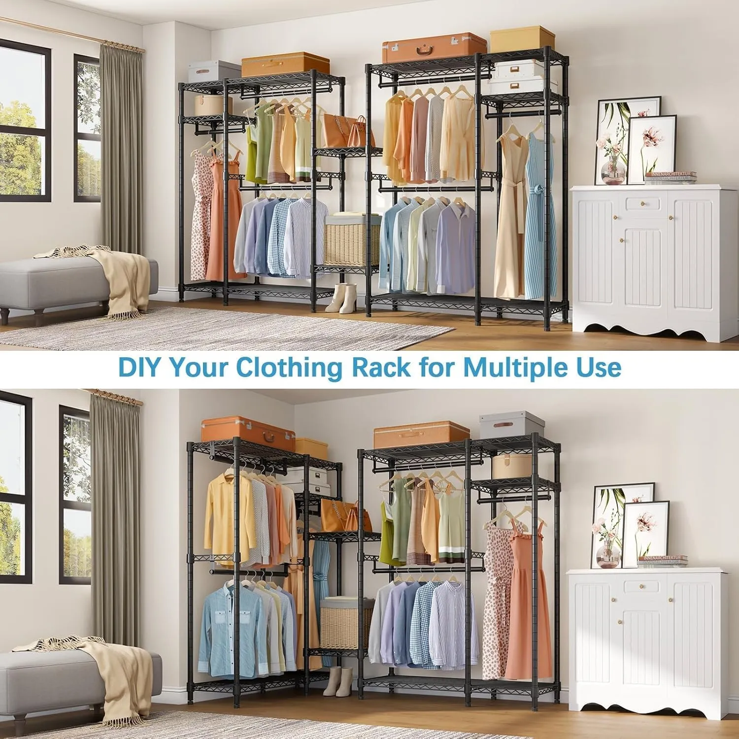 VIPEK V2 Clothes Rack for Hanging Clothes, Heavy Duty Closet Rack with 4 Tiers Wire Shelving & 3 Hanging Rods, Free Standing Closet Wardrobe, 45" Lx16.5 Wx76.4 H, Max Load 700LBS, Black