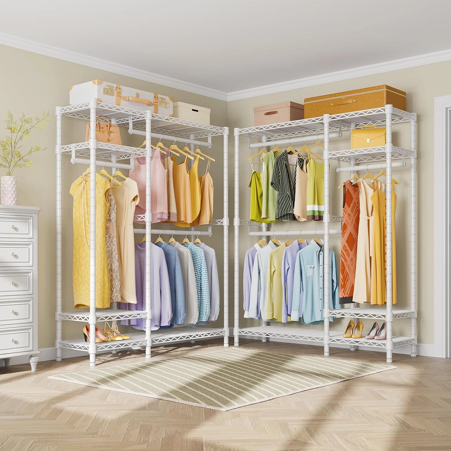 VIPEK V2 Garment Rack Metal Clothing Racks for Hanging Clothes with 4 Tiers Wire Shelving & 3 Hanging Rods, Free Standing Closet Wardrobe, 45" L x 16.5" W x 76.4" H, Max Load 700LBS, White