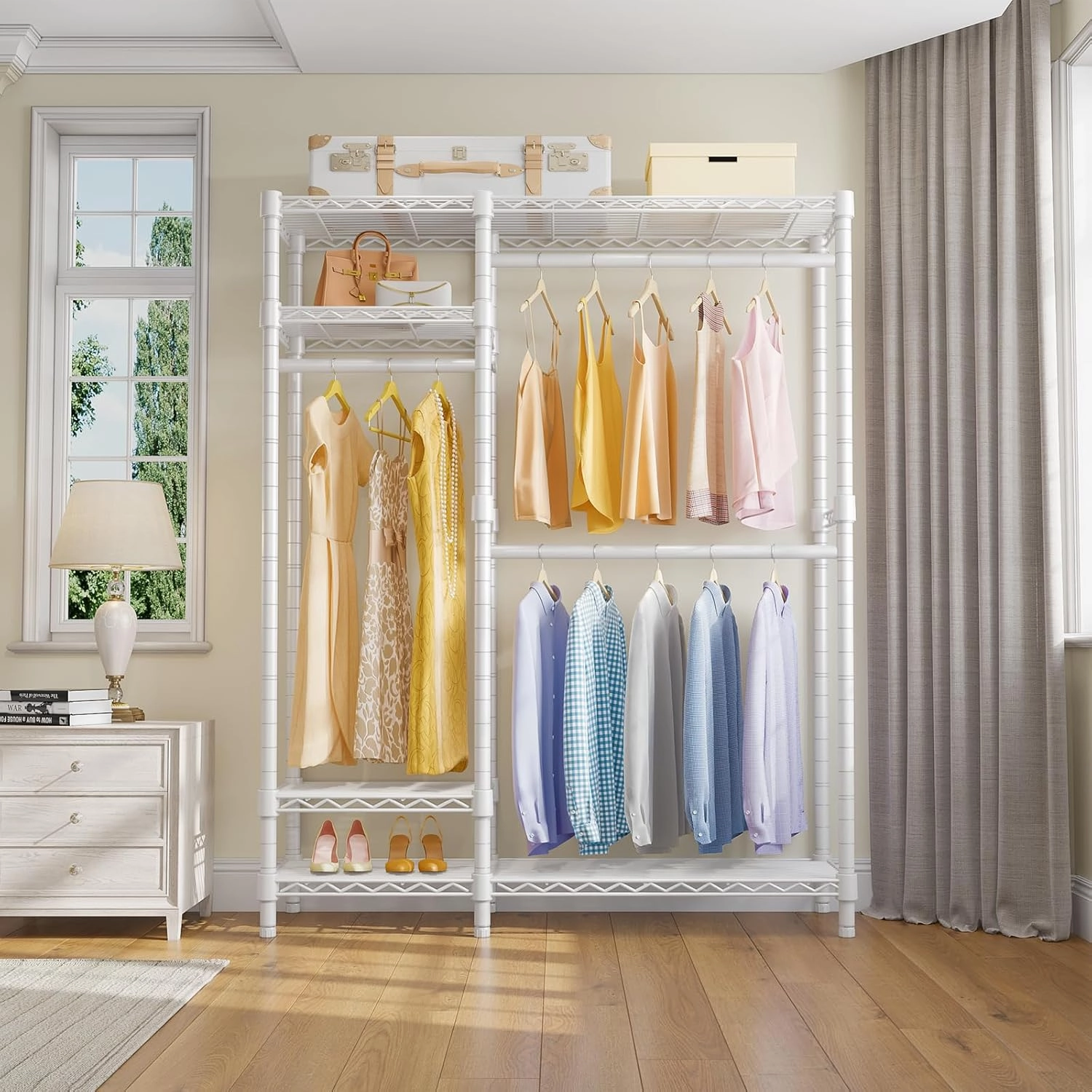 VIPEK V2 Garment Rack Metal Clothing Racks for Hanging Clothes with 4 Tiers Wire Shelving & 3 Hanging Rods, Free Standing Closet Wardrobe, 45" L x 16.5" W x 76.4" H, Max Load 700LBS, White
