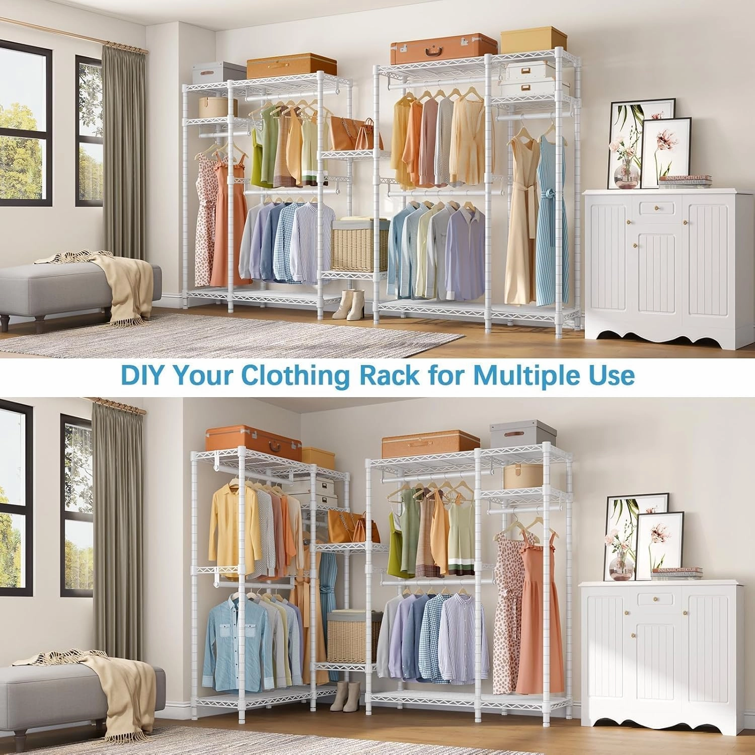 VIPEK V2 Garment Rack Metal Clothing Racks for Hanging Clothes with 4 Tiers Wire Shelving & 3 Hanging Rods, Free Standing Closet Wardrobe, 45" L x 16.5" W x 76.4" H, Max Load 700LBS, White