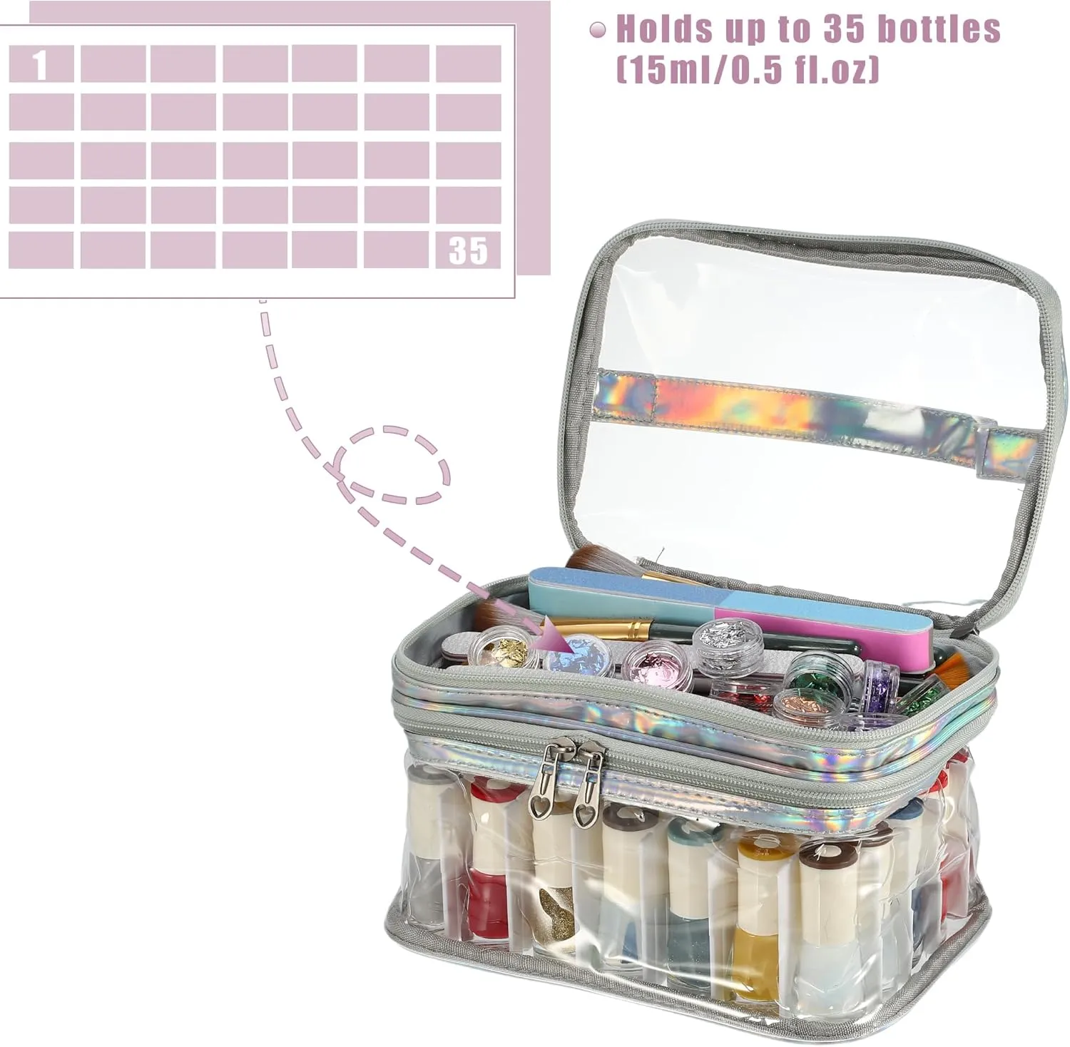 VOCOSTE Nail Bag, Carrying Case Holds 35 Bottles, Art Set Organizer, Travel Storage for Nail Polish, Silver Tone