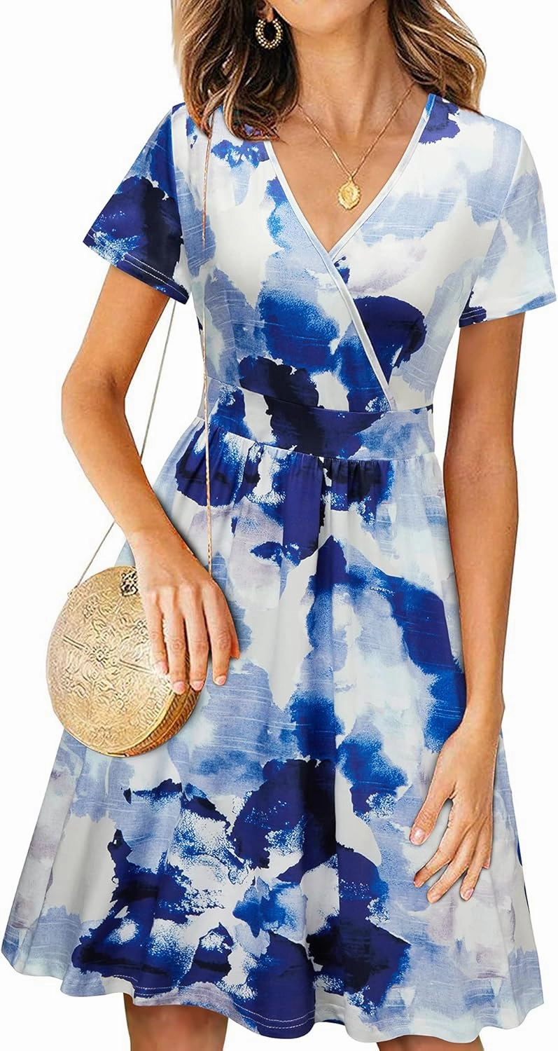 VOTEPRETTY Women's Short Sleeve V Neck Wrap Dress Summer Casual Floral Sundress with Pockets