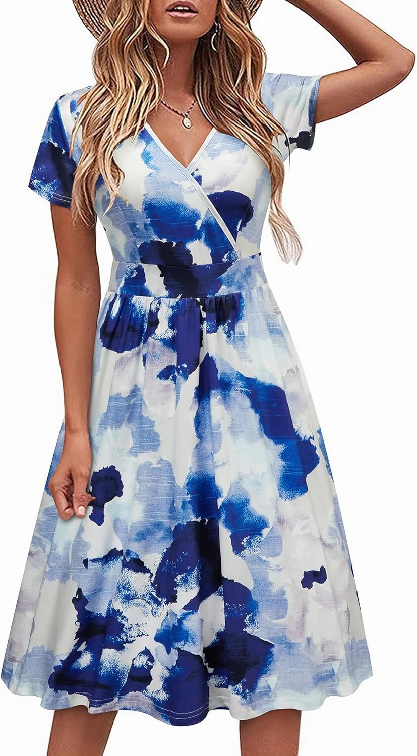 VOTEPRETTY Women's Short Sleeve V Neck Wrap Dress Summer Casual Floral Sundress with Pockets
