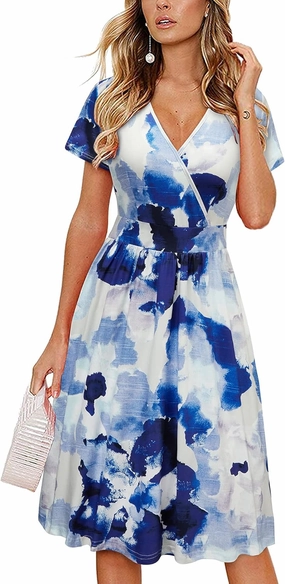 VOTEPRETTY Women's Short Sleeve V Neck Wrap Dress Summer Casual Floral Sundress with Pockets