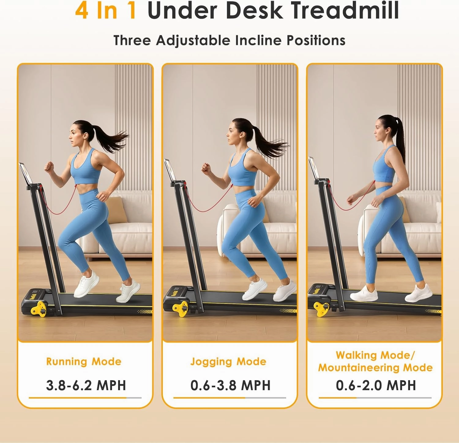 Walking Pad Treadmill with Handle Bar, 3 in 1 Portable with Incline and Lights, Under Desk for Home Office, with LED Display and APP