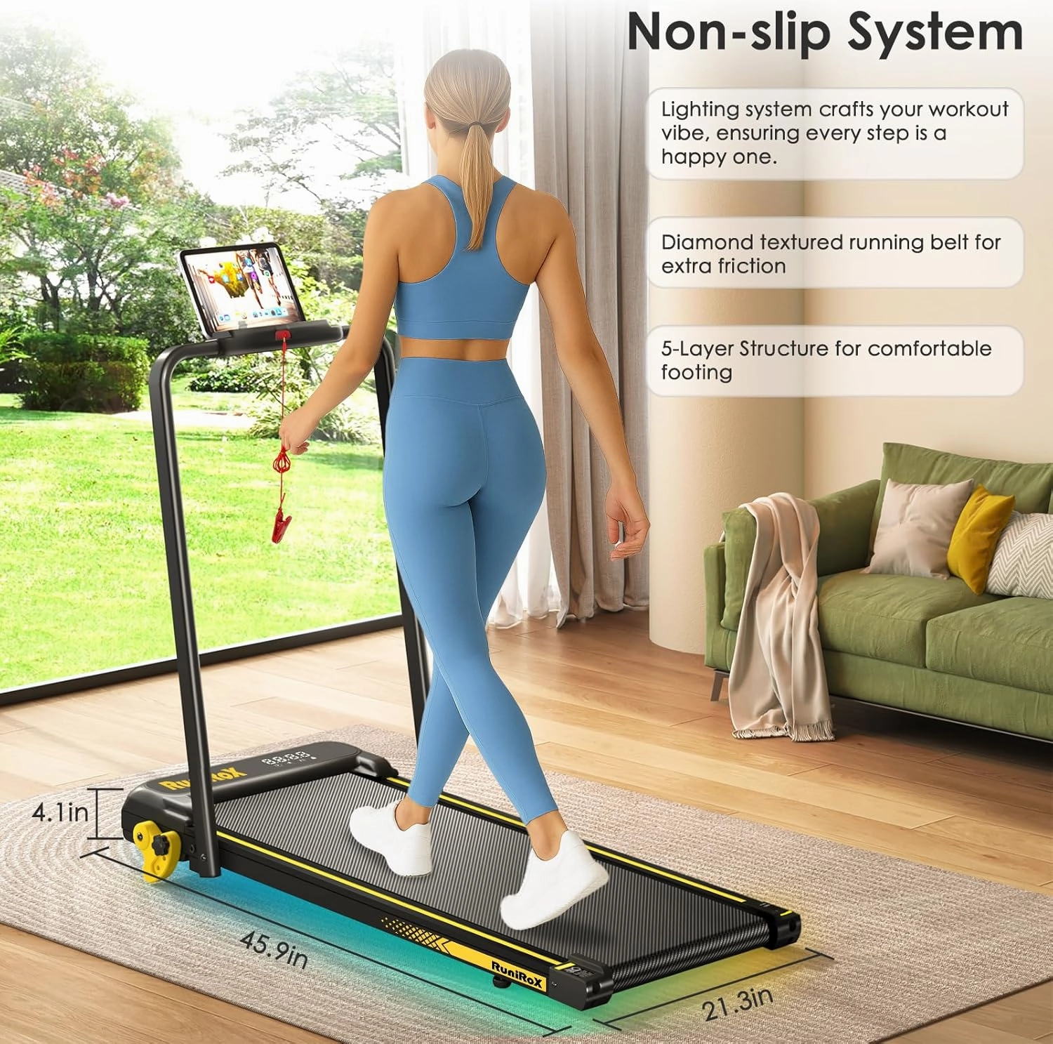 Walking Pad Treadmill with Handle Bar, 3 in 1 Portable with Incline and Lights, Under Desk for Home Office, with LED Display and APP