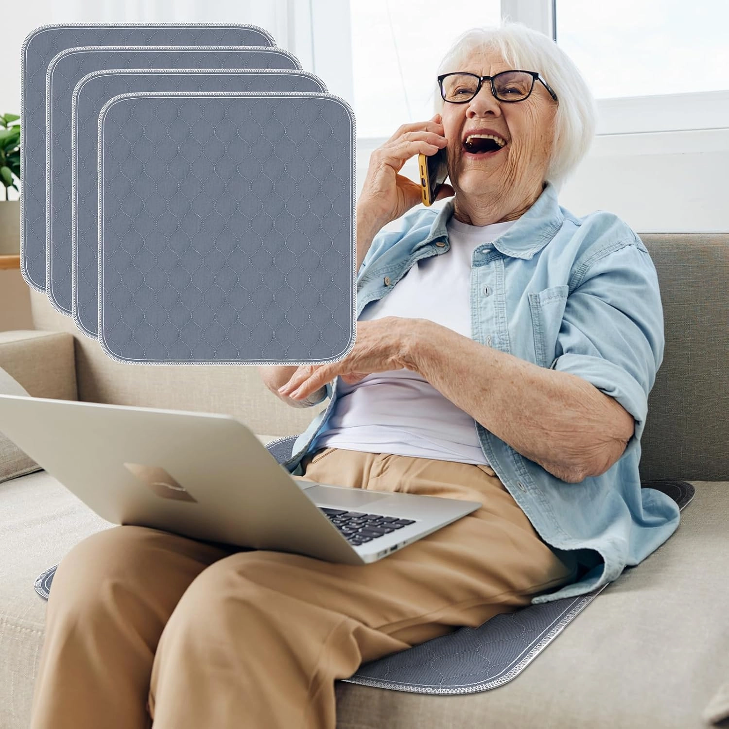 Waterproof Chair Pads for Incontinence Absorbent Seat Protector Pads for Adults Chucks Pads Washable Chair Protector Pads for Chairs Bed Adults, Elderly, Kids & Pets Gray 21"X22"4 Pack