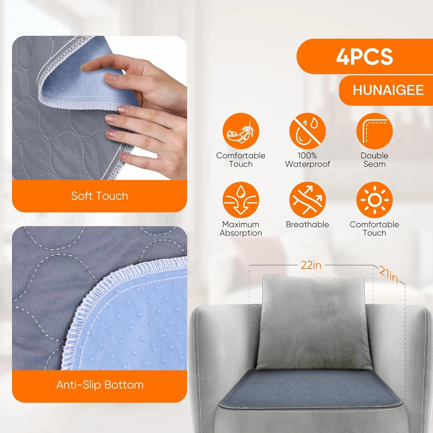 Waterproof Chair Pads for Incontinence Absorbent Seat Protector Pads for Adults Chucks Pads Washable Chair Protector Pads for Chairs Bed Adults, Elderly, Kids & Pets Gray 21"X22"4 Pack