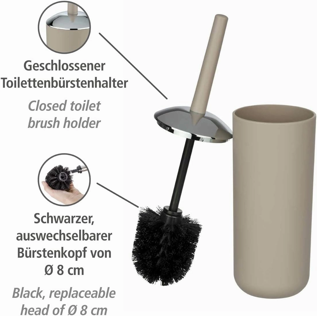 WENKO Brasil Toilet Bowl Brush and Holder, Toilet Cleaner, Toilet Wand and Cleaner Holder, Toilet Cleaners for Inside The Bowl, Made of Plastic, 3.9 x 3.9 x 14.6 in, Beige