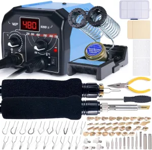 WEP 939D-II 2-IN-1 Wood Burning Kit 86-IN-1 with 51 Solid Points and 20 Wire Nibs Wood Burner with 2 Letter Number Stencils, 2 Unfinished Wood, 1 Pen Holder, Burning Tool