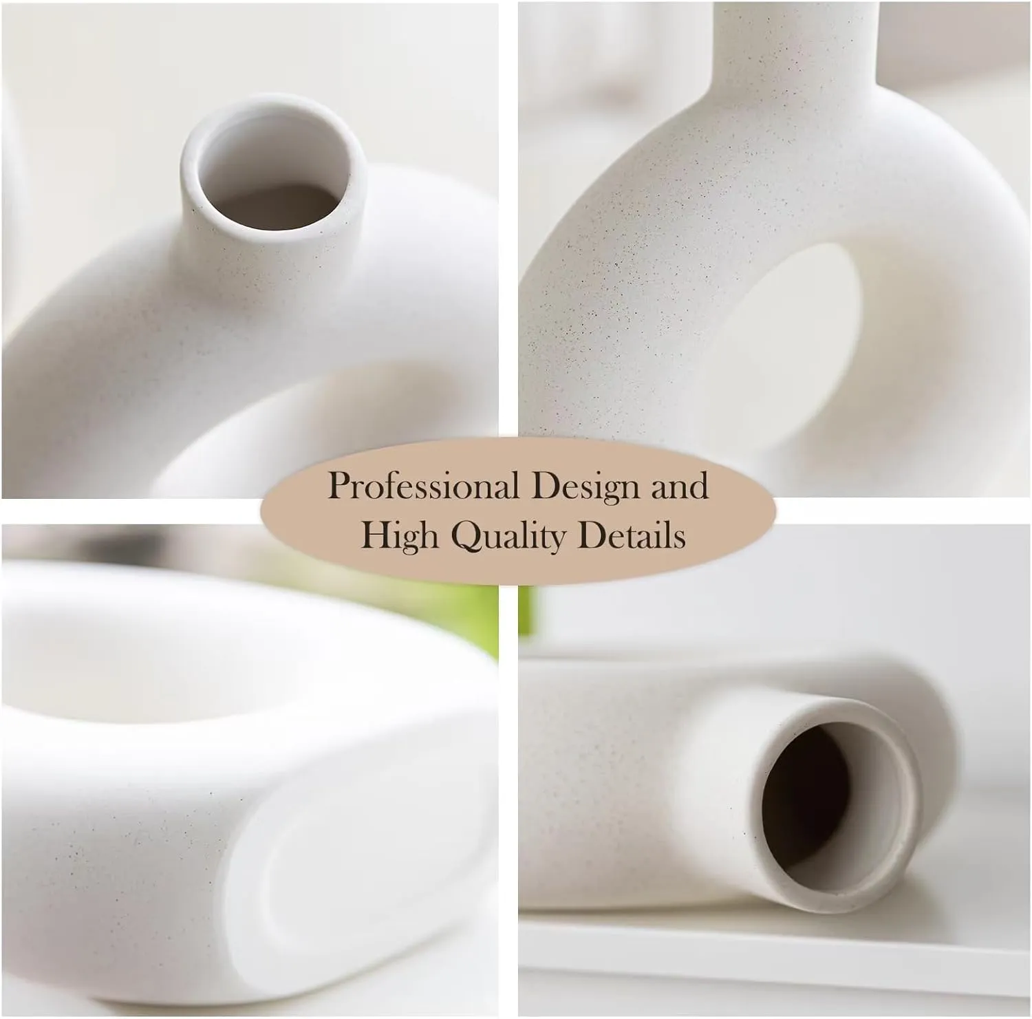 White Ceramic Vase Set of 2 for Modern Home Decor, Round Matte Donut Vases for Pampas Grass, Boho Nordic Minimalism Style Modern Flower Vases for Living Room Table Bookshelf Office Bedroom