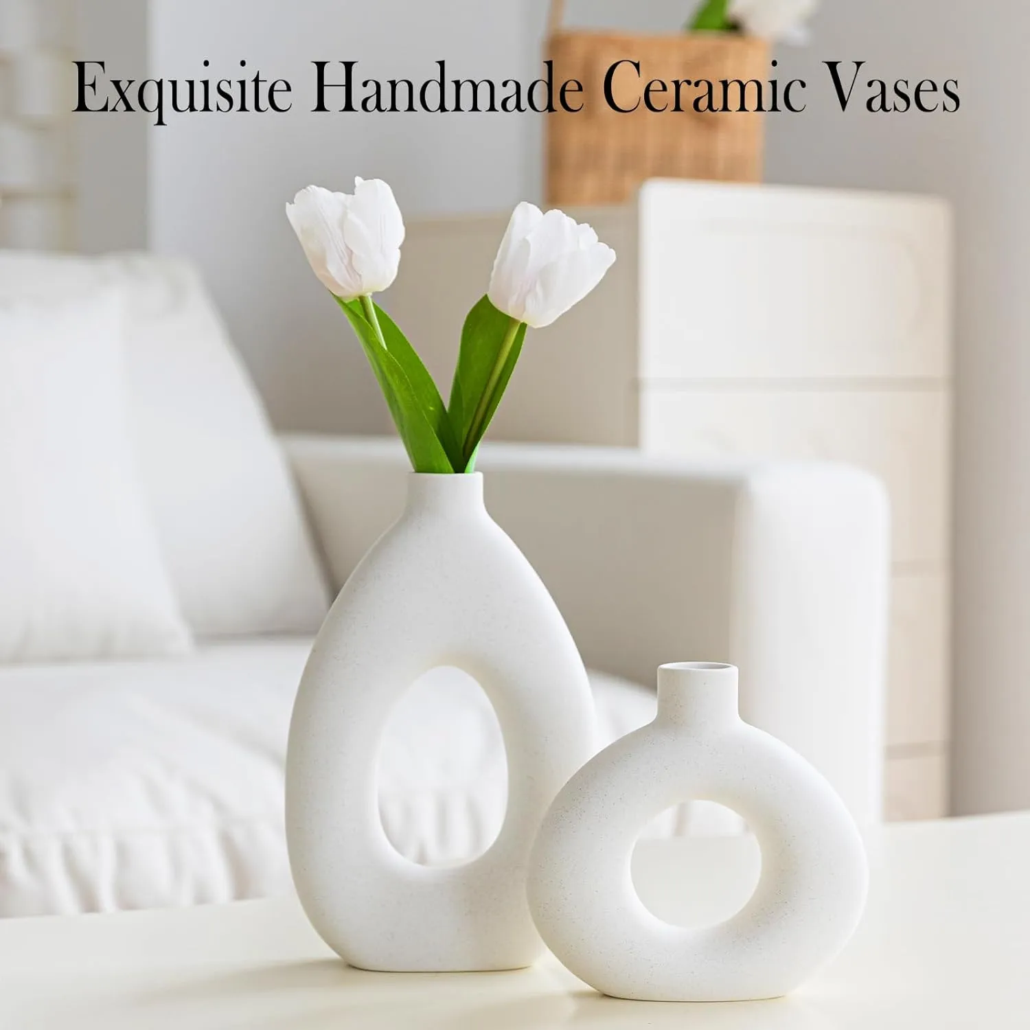 White Ceramic Vase Set of 2 for Modern Home Decor, Round Matte Donut Vases for Pampas Grass, Boho Nordic Minimalism Style Modern Flower Vases for Living Room Table Bookshelf Office Bedroom