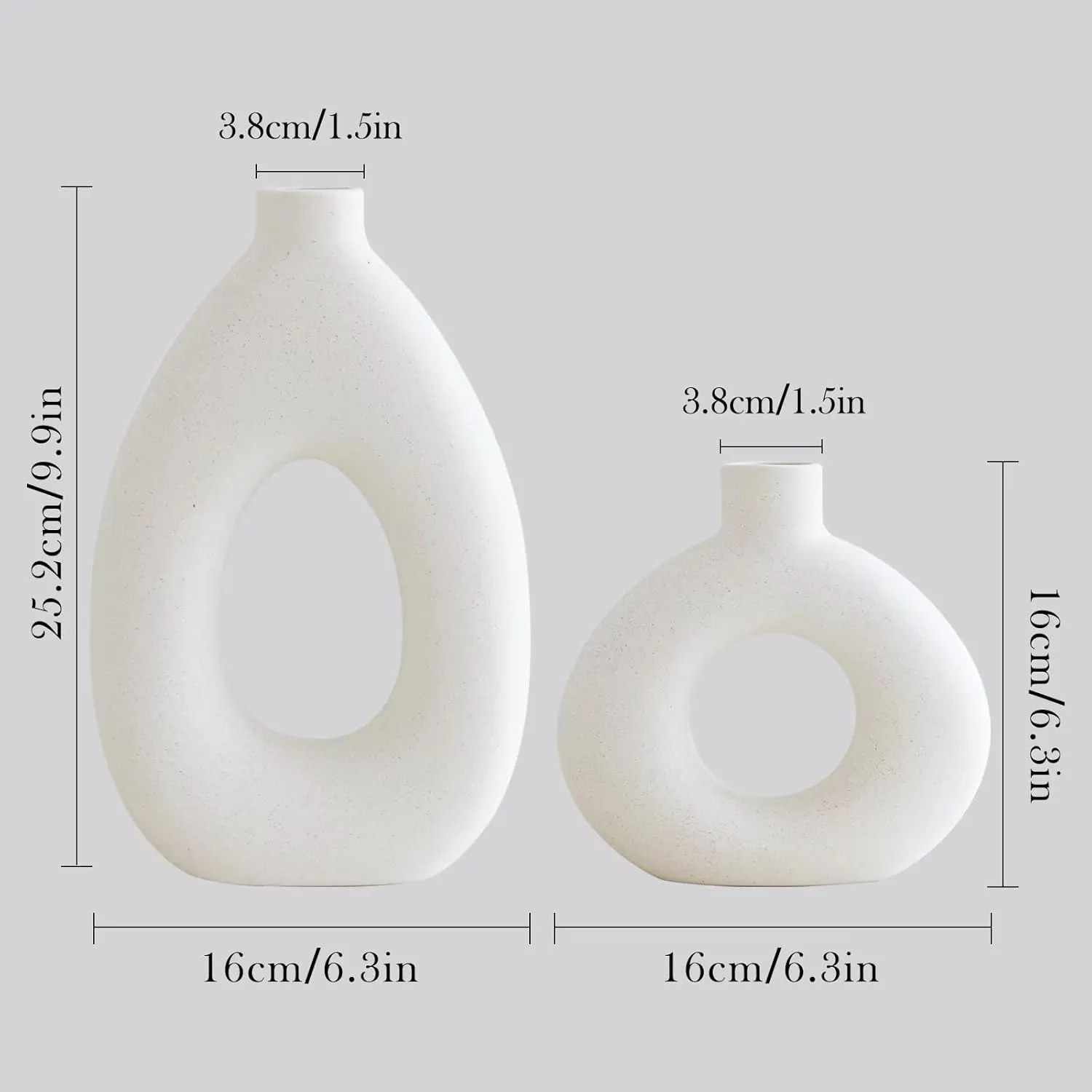 White Ceramic Vase Set of 2 for Modern Home Decor, Round Matte Donut Vases for Pampas Grass, Boho Nordic Minimalism Style Modern Flower Vases for Living Room Table Bookshelf Office Bedroom