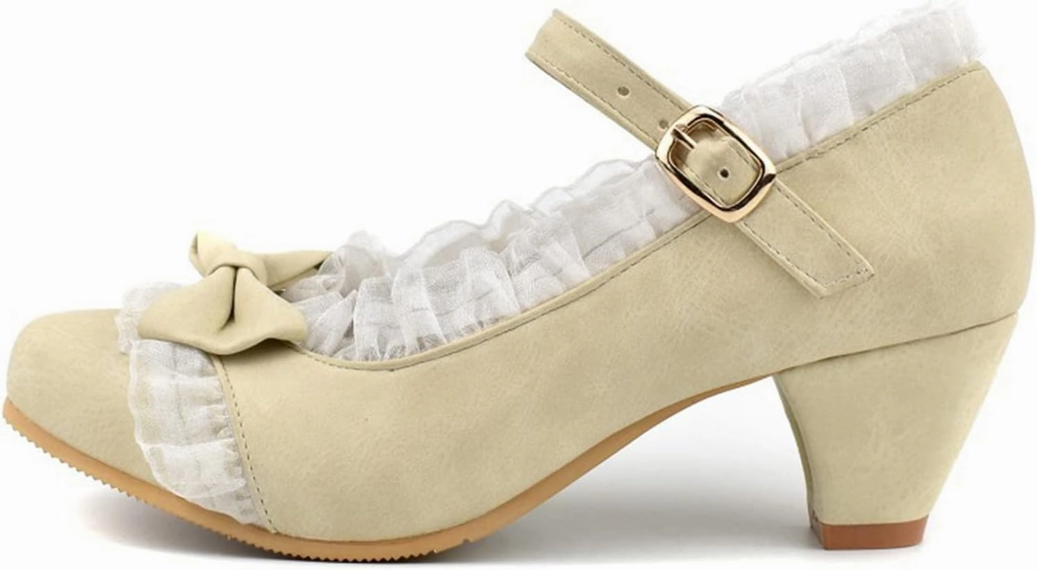 Women Mary Janes Cute Lolita Shoes Ladies Ankle Strap Bow Lace Round Toe Block Mid Heel Dress Pumps