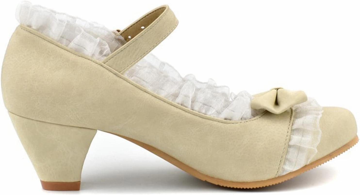Women Mary Janes Cute Lolita Shoes Ladies Ankle Strap Bow Lace Round Toe Block Mid Heel Dress Pumps