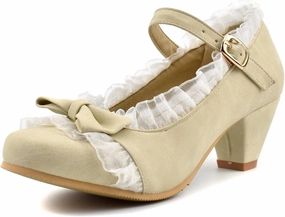 Women Mary Janes Cute Lolita Shoes Ladies Ankle Strap Bow Lace Round Toe Block Mid Heel Dress Pumps