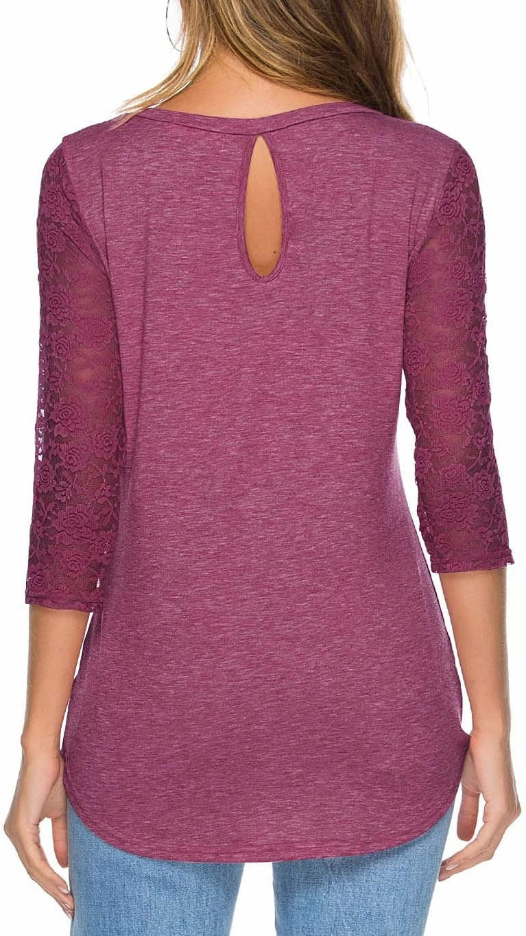 Women's 3/4 Lace Sleeve Round Neck T-Shirt Casual Blouses Tunics Tops