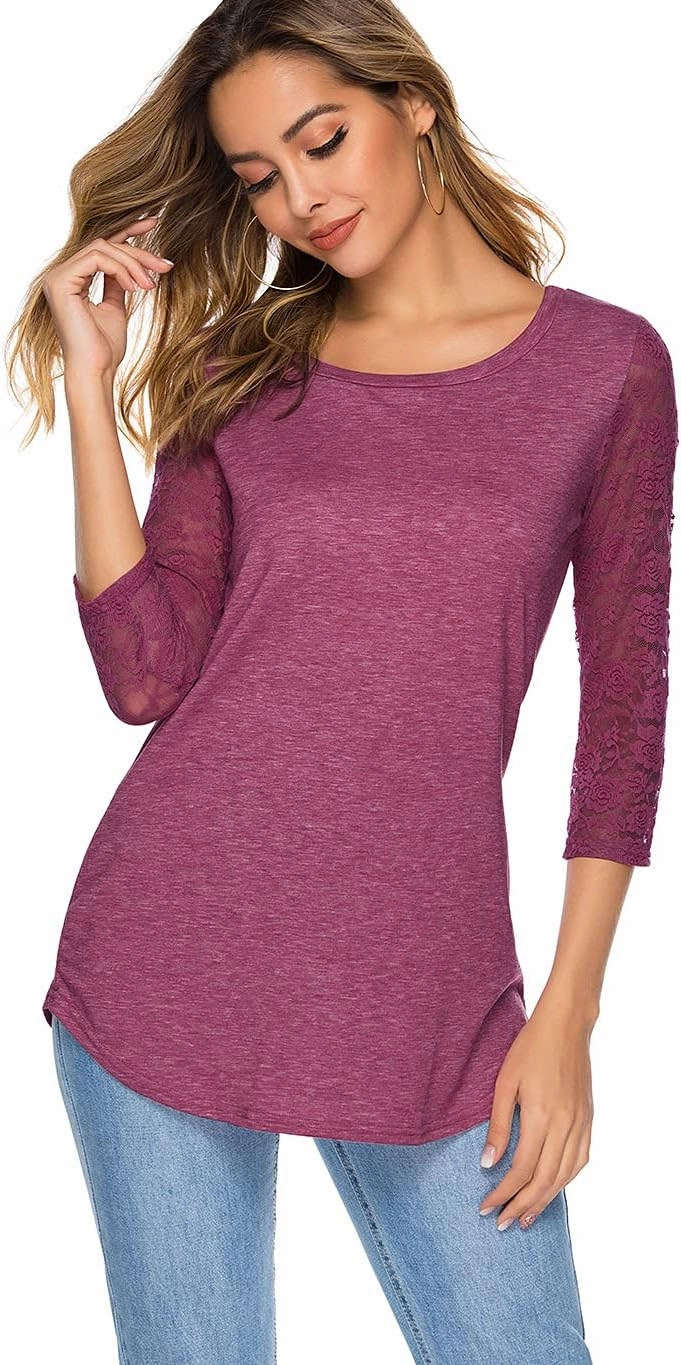 Women's 3/4 Lace Sleeve Round Neck T-Shirt Casual Blouses Tunics Tops
