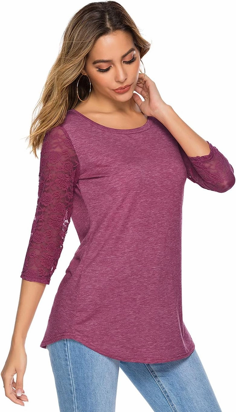 Women's 3/4 Lace Sleeve Round Neck T-Shirt Casual Blouses Tunics Tops