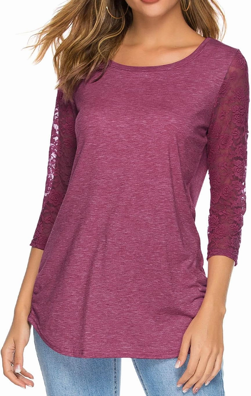 Women's 3/4 Lace Sleeve Round Neck T-Shirt Casual Blouses Tunics Tops