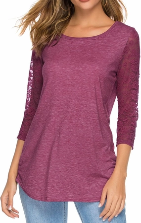 Women's 3/4 Lace Sleeve Round Neck T-Shirt Casual Blouses Tunics Tops