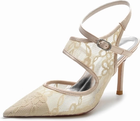Women's Lace Mesh Slingback Pumps Buckle Ankle Strap Sandals Closed Pointed Toe Office Work Wedding Shoes
