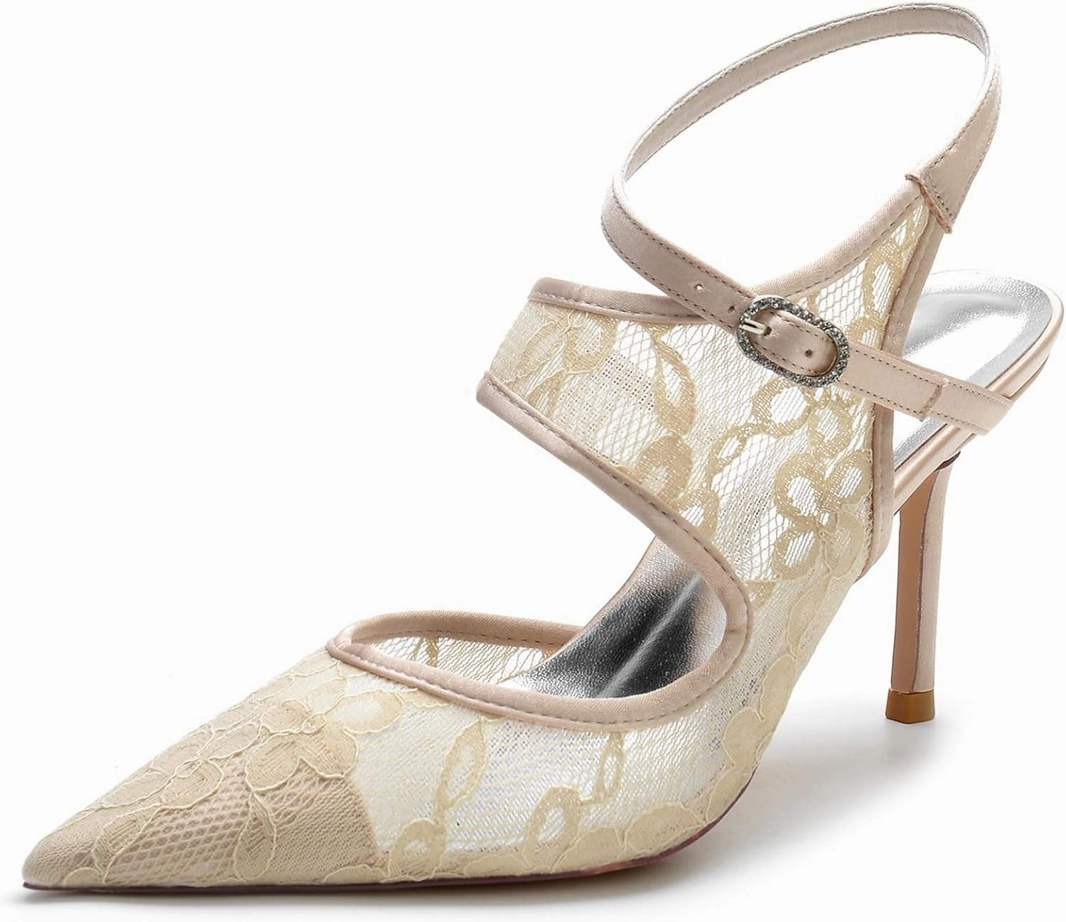 Women's Lace Mesh Slingback Pumps Buckle Ankle Strap Sandals Closed Pointed Toe Office Work Wedding Shoes