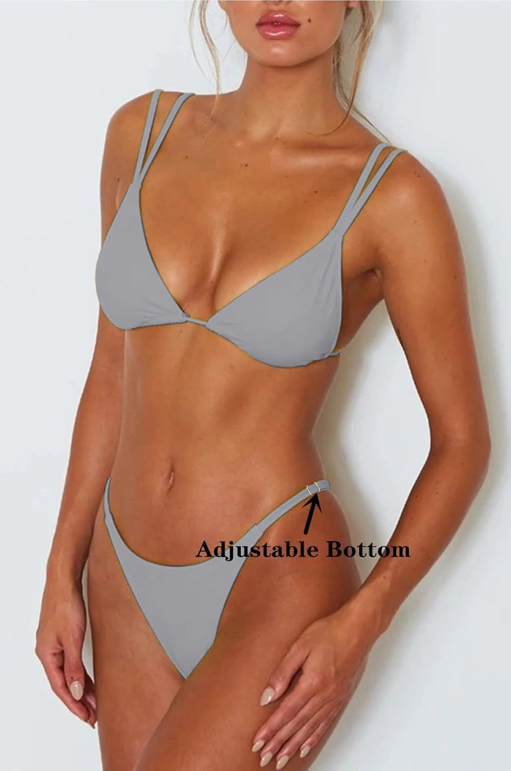 Women's Sexy Thong Bottom Two Piece Bikini Double Shoulder Straps Cute Swimsuit Triangle Bathing Suit