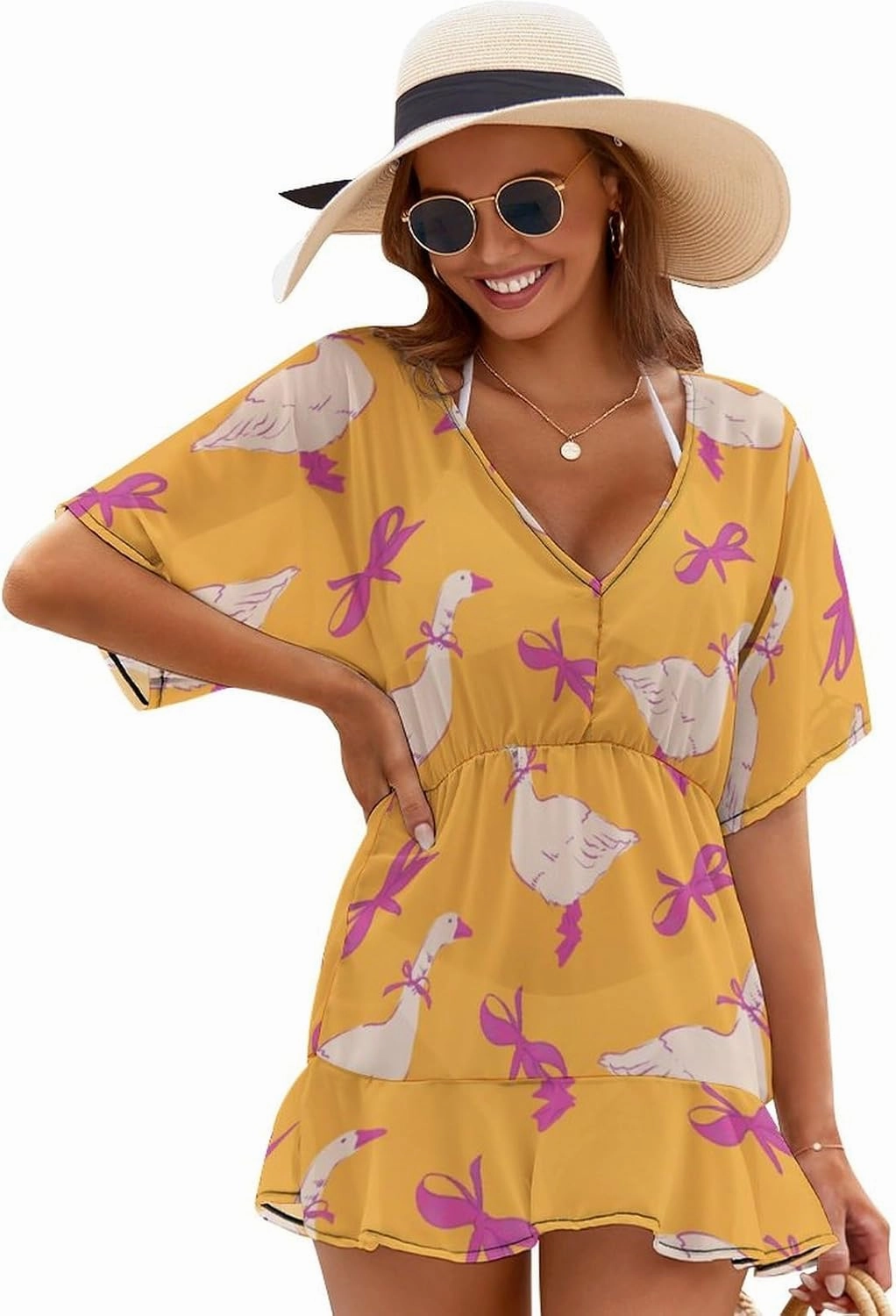 Women's Swimsuit Cover Up Silly Goose Ribbon Beachwear Coverups V-Neck Bikini Beach Dress