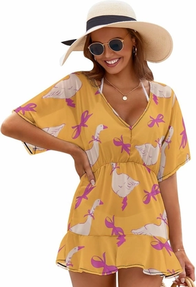 Women's Swimsuit Cover Up Silly Goose Ribbon Beachwear Coverups V-Neck Bikini Beach Dress