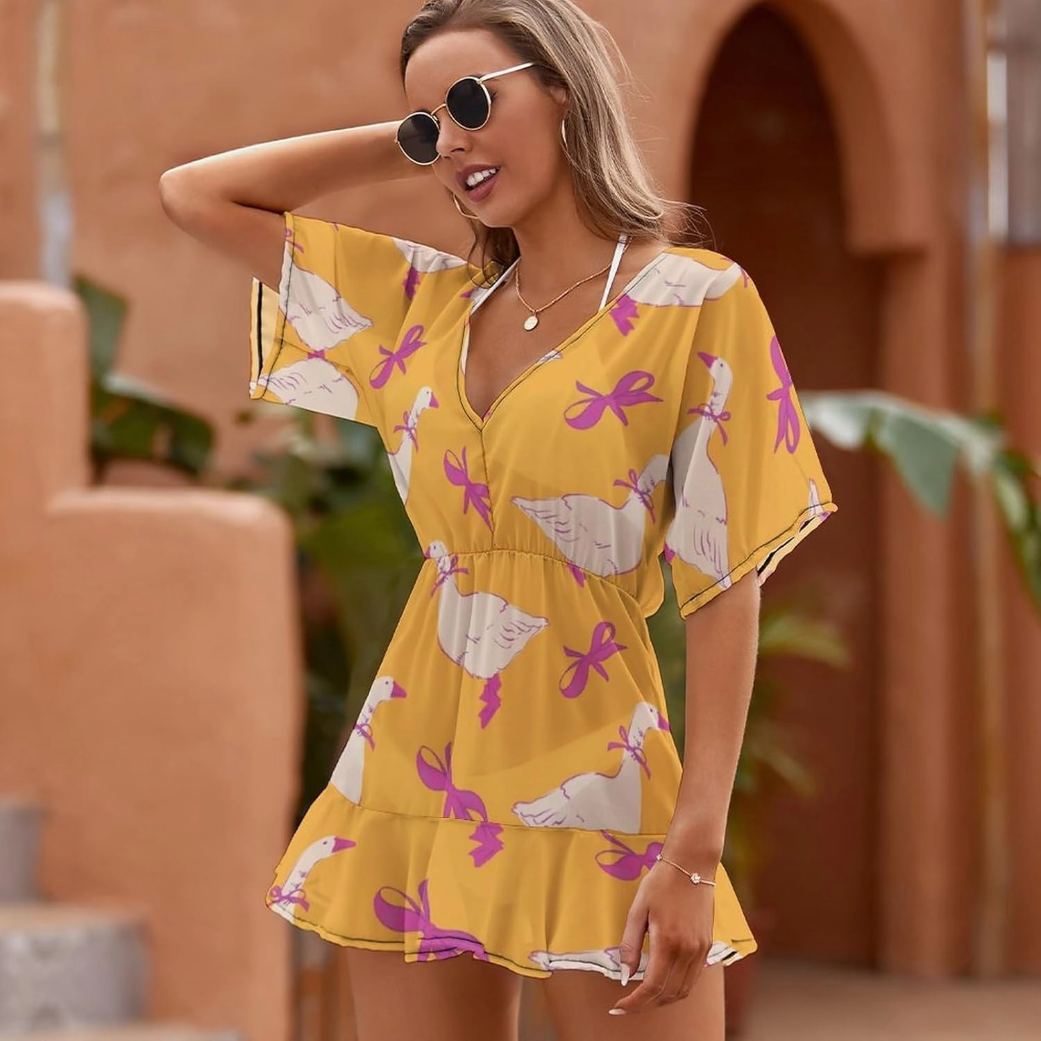 Women's Swimsuit Cover Up Silly Goose Ribbon Beachwear Coverups V-Neck Bikini Beach Dress