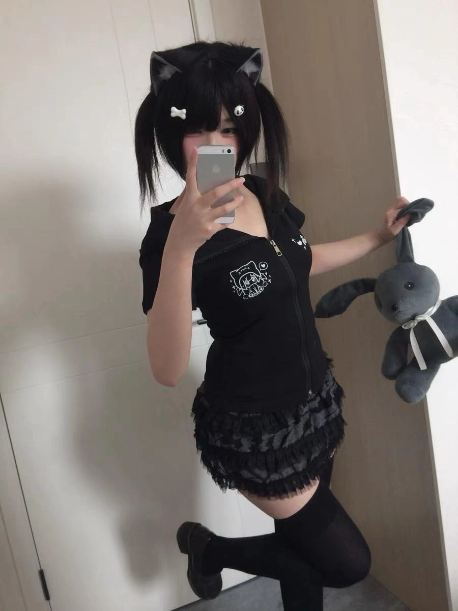 Women's Y2K Short Sleeve Hoodies Full Zip Up Cute Cat Slim Fit Sweatshirt Harajuku Kawaii T-Shirt