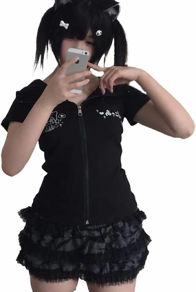 Women's Y2K Short Sleeve Hoodies Full Zip Up Cute Cat Slim Fit Sweatshirt Harajuku Kawaii T-Shirt