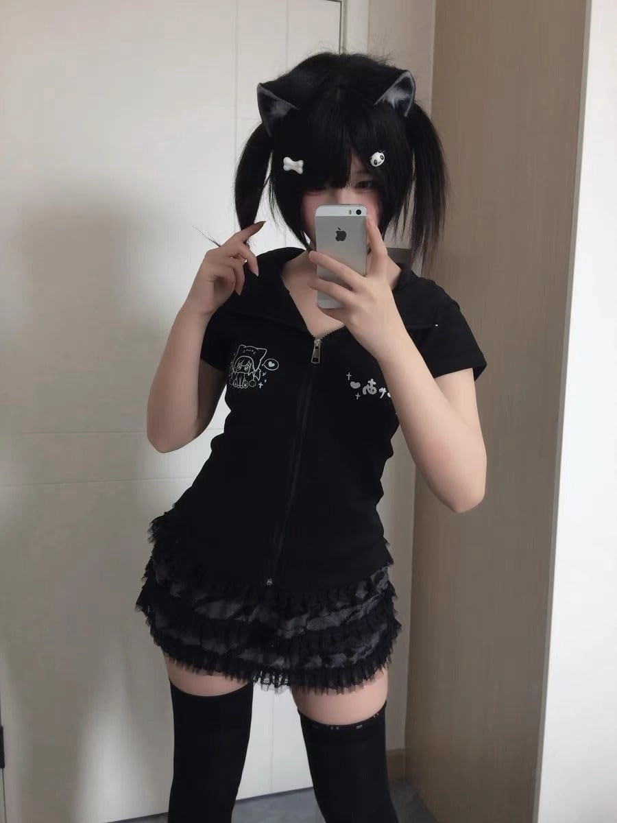 Women's Y2K Short Sleeve Hoodies Full Zip Up Cute Cat Slim Fit Sweatshirt Harajuku Kawaii T-Shirt
