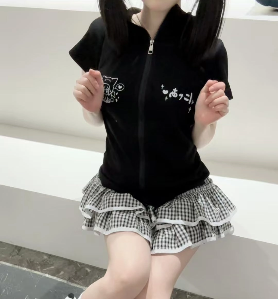 Women's Y2K Short Sleeve Hoodies Full Zip Up Cute Cat Slim Fit Sweatshirt Harajuku Kawaii T-Shirt