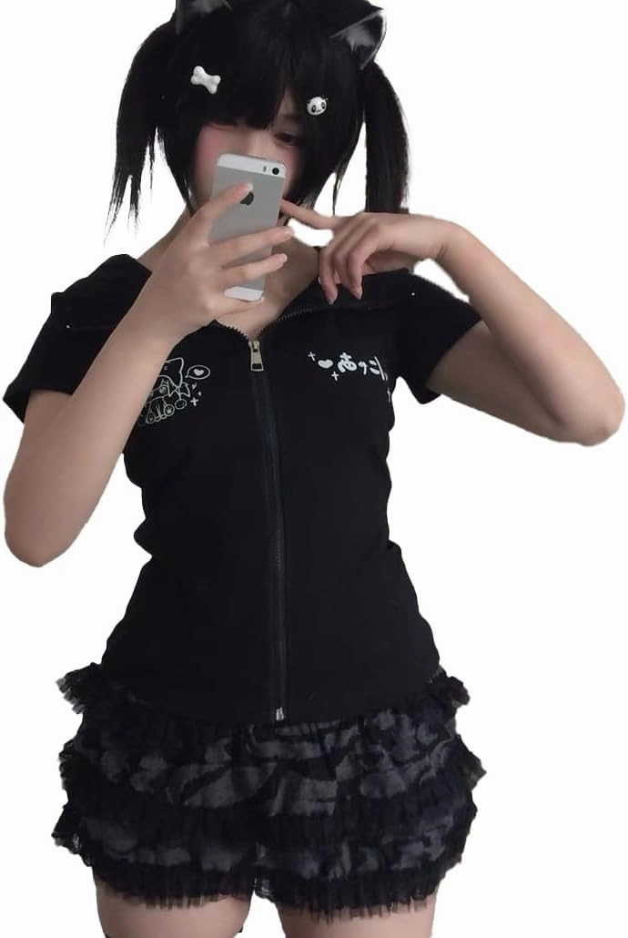Women's Y2K Short Sleeve Hoodies Full Zip Up Cute Cat Slim Fit Sweatshirt Harajuku Kawaii T-Shirt