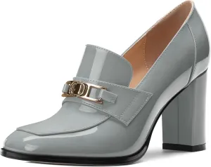 Womens Chunky Block Heels for Women Square Toe Patent Pumps, Slip on Loafers Office Party Prom Shoes 3 inch