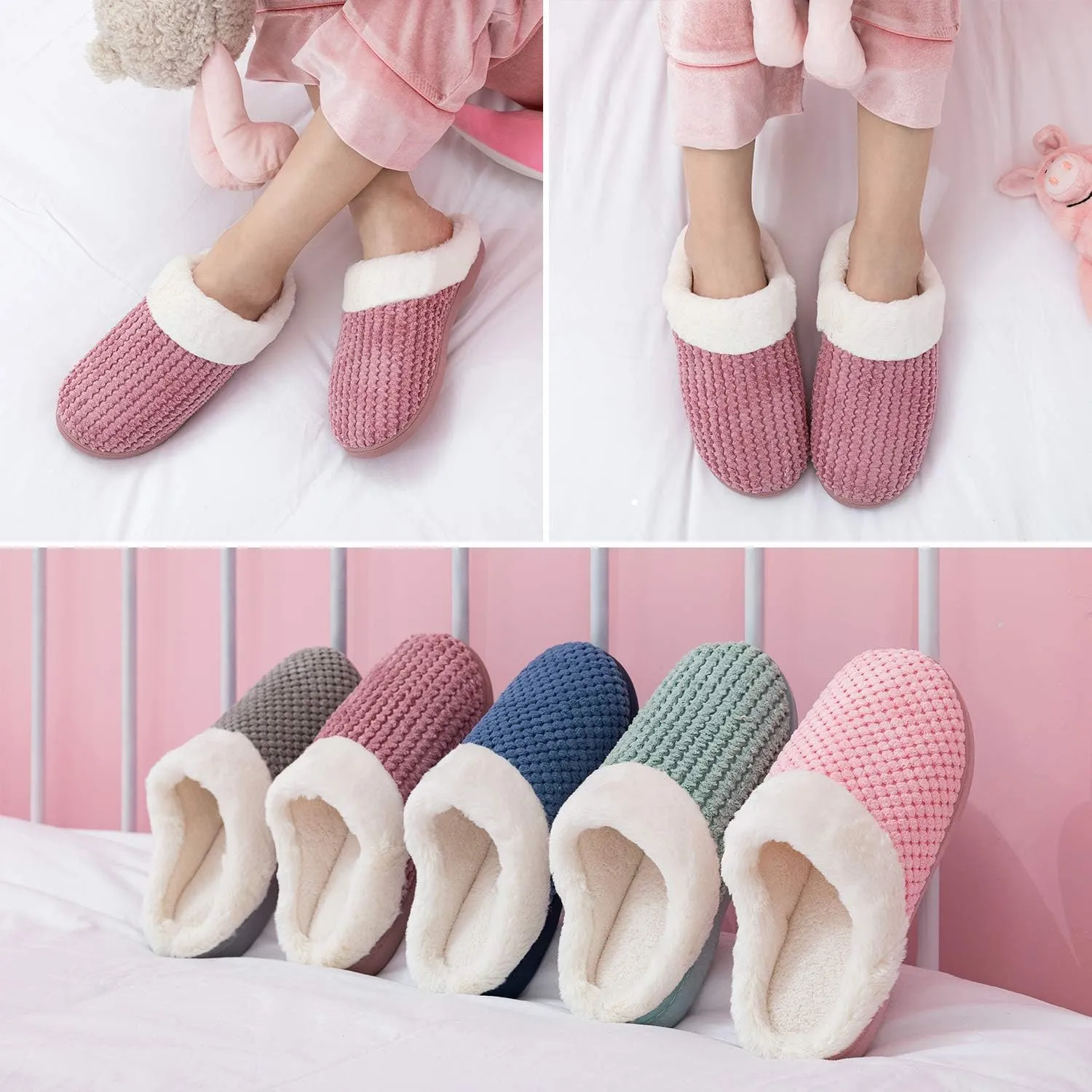 Womens Memory Foam Slippers Plush Fleece Lined Lady House Slippers Anti-Skid for Indoor Outdoor