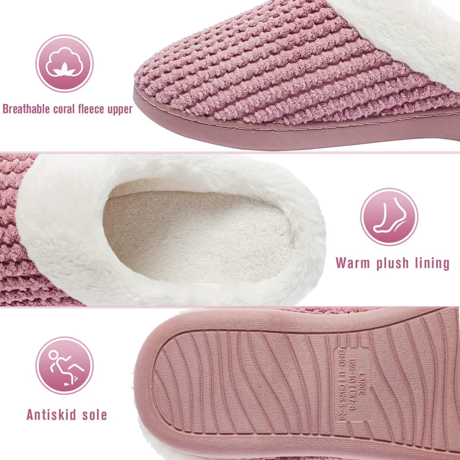 Womens Memory Foam Slippers Plush Fleece Lined Lady House Slippers Anti-Skid for Indoor Outdoor