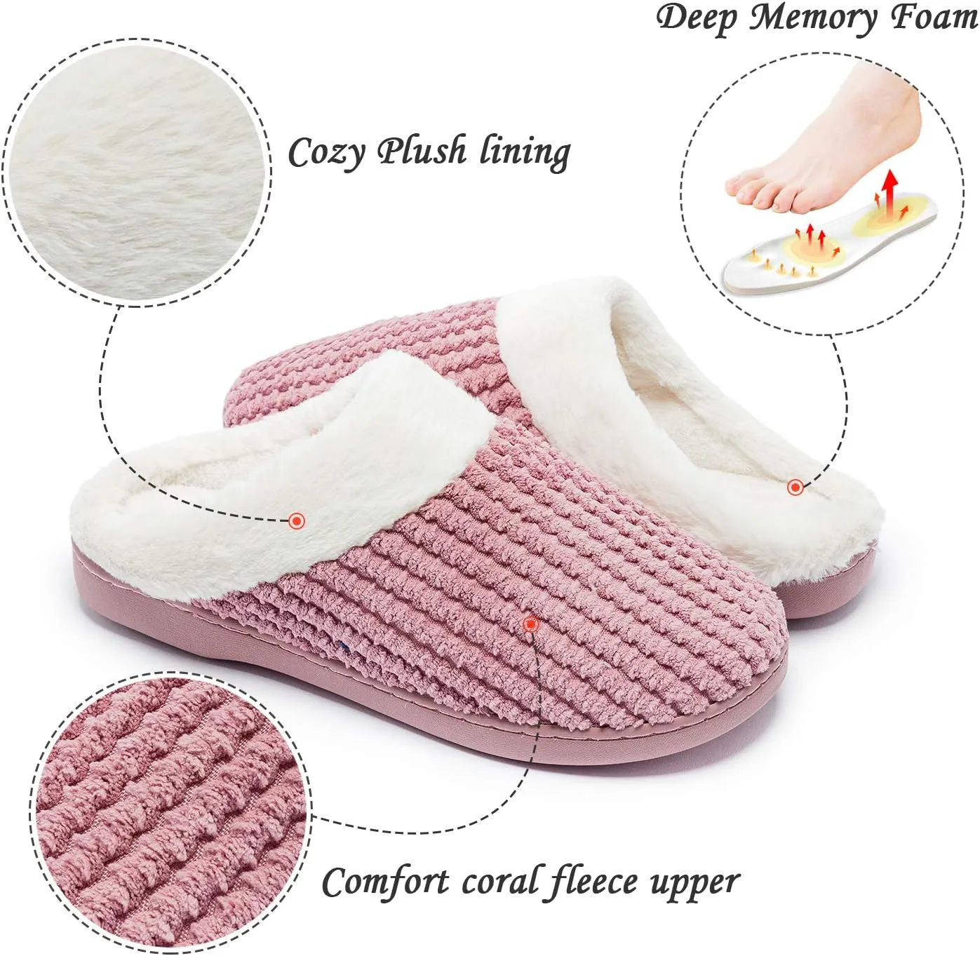 Womens Memory Foam Slippers Plush Fleece Lined Lady House Slippers Anti-Skid for Indoor Outdoor