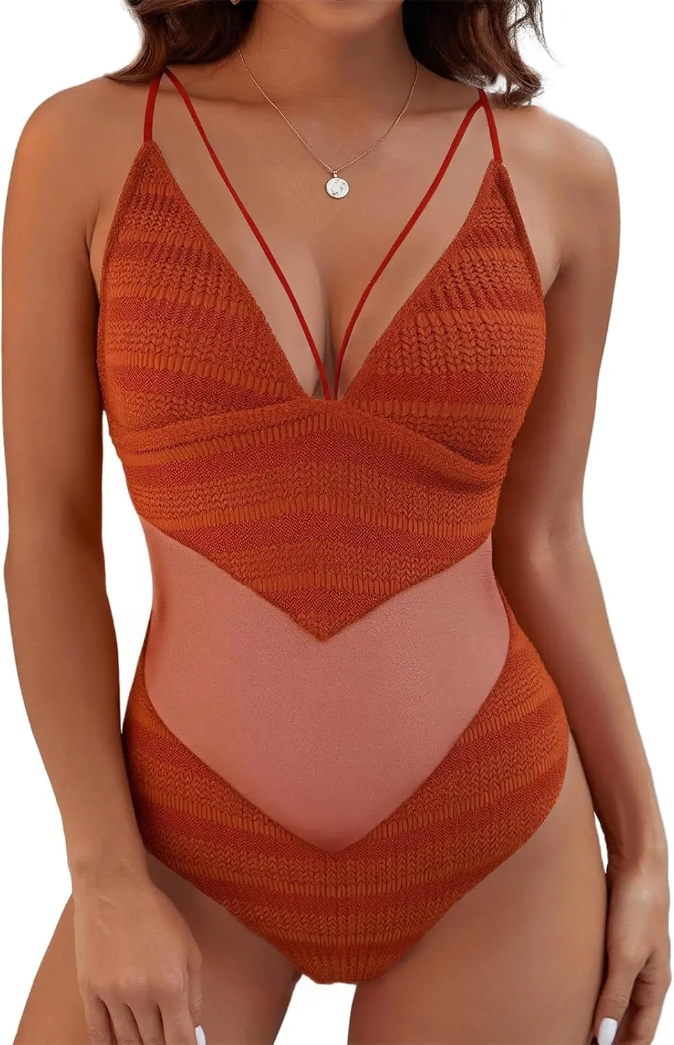 Womens One Piece Swimsuits-Sexy Deep V Neckline Tummy Control Bathing Suit Slimming Mesh Swimwear ﻿