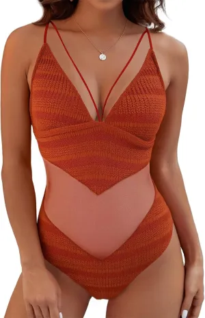 Womens One Piece Swimsuits-Sexy Deep V Neckline Tummy Control Bathing Suit Slimming Mesh Swimwear ﻿