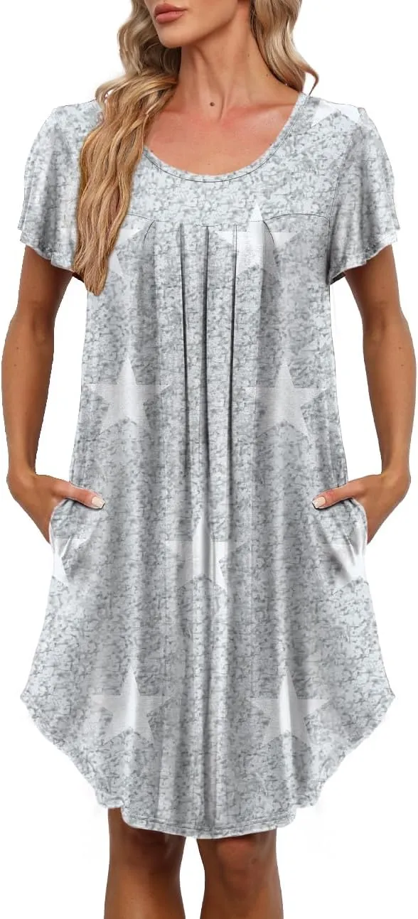 Women's Pleated Front Loose Fit Short Sleeve Nightgowns Sleep Dress with Hand Pockets (S - 5XL)