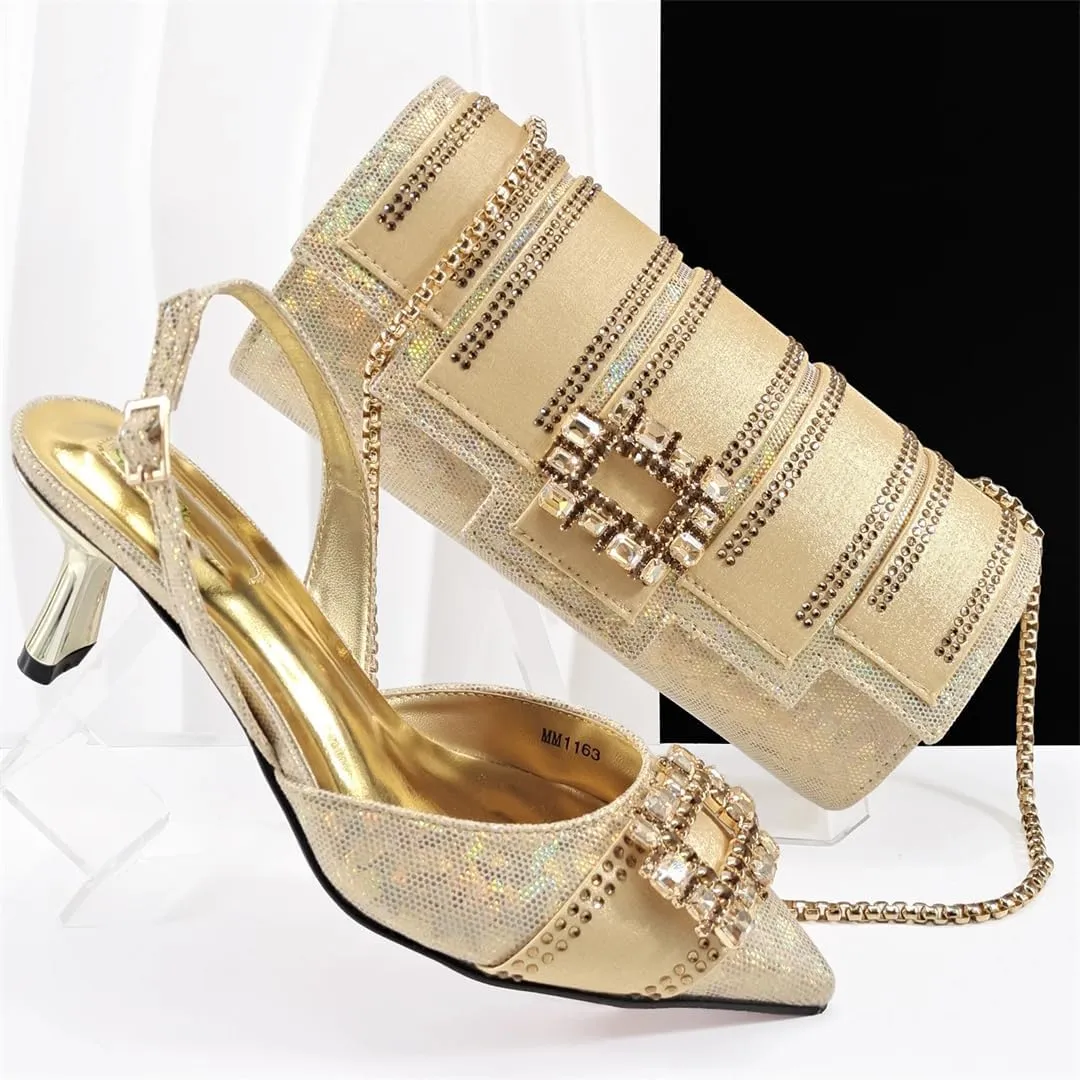 Women’S Stylish Italian Shoe and Bag Set with Charm Decorations PU Soft Leather Pumps Peep Toe Thin Heels for Evening Party