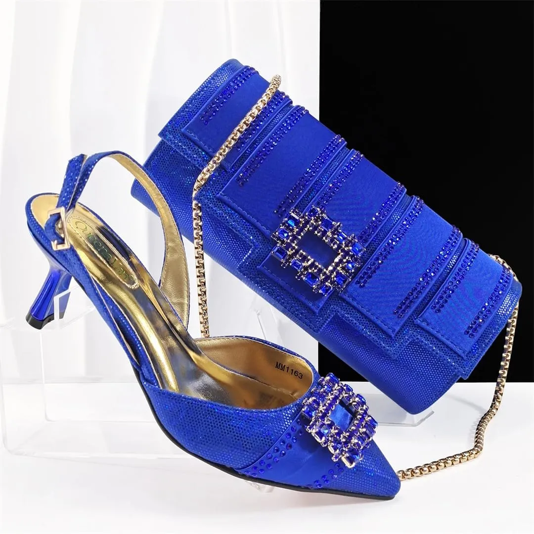 Women’S Stylish Italian Shoe and Bag Set with Charm Decorations PU Soft Leather Pumps Peep Toe Thin Heels for Evening Party